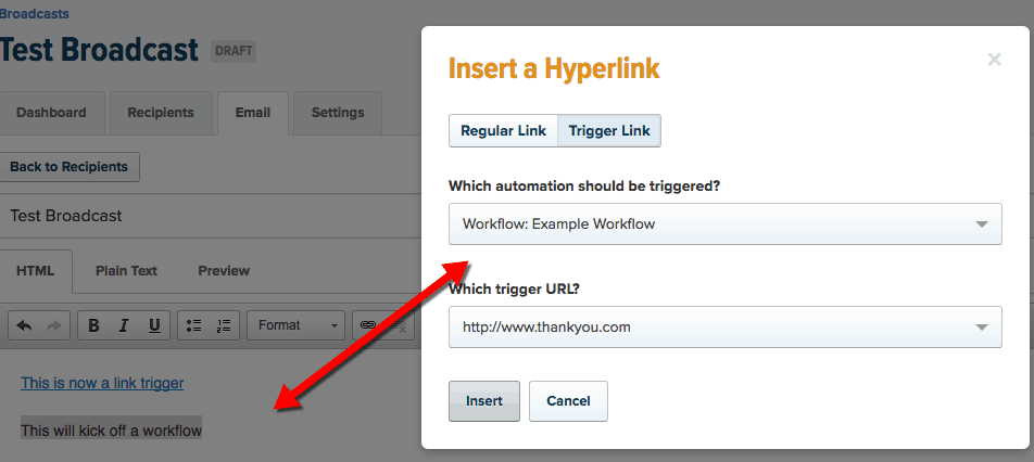 drip email automation trigger link - insert link